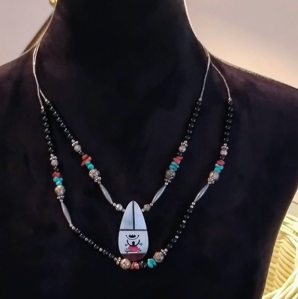Sterling Liquid Silver Navajo Turquoise Mother of Pearl Inlay Necklace
